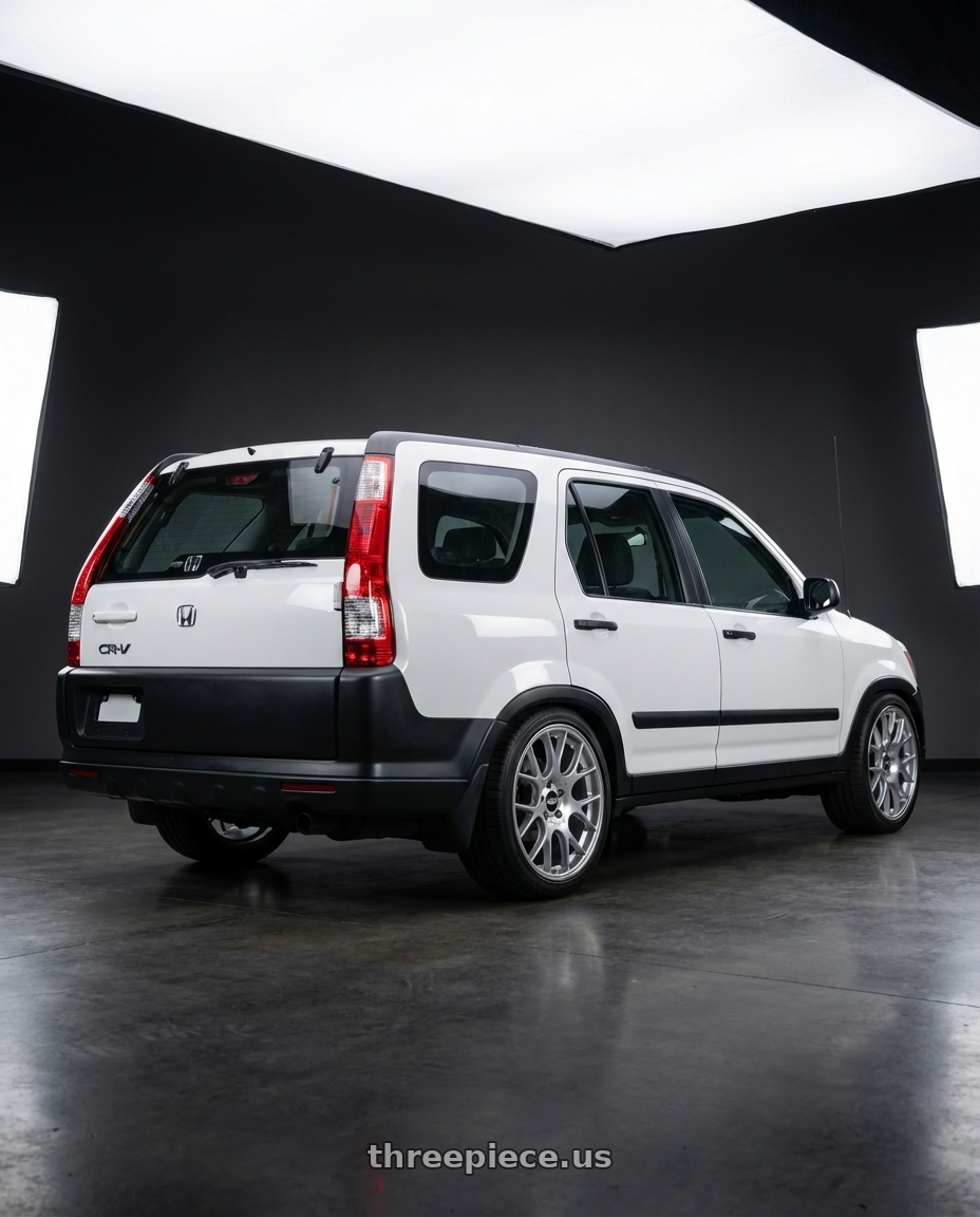 2004 Honda CRV with BBS CH-R 5x112 20x8.5 +40 Brilliant Silver Polished Rim Protector wheels rear three quarter view square tires