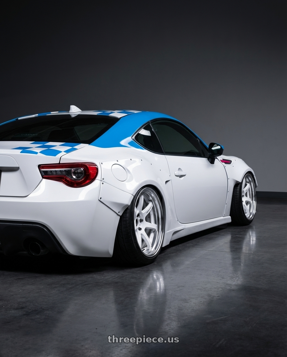 2014 Subaru BRZ Limited with Work T7r 2P 5x100 18x10.0 +18 WHITE wheels rear three quarter view slight stretch tires