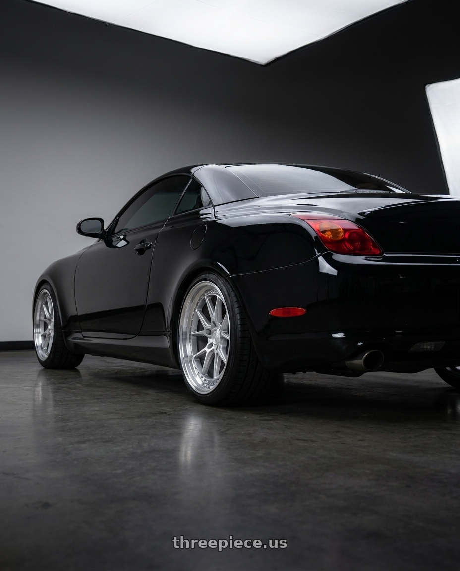 2005 lexus sc430 with Aodhan DS08 5x114.3 18x9.5+30 Silver w/Machined Face wheels rear three quarter view square tires