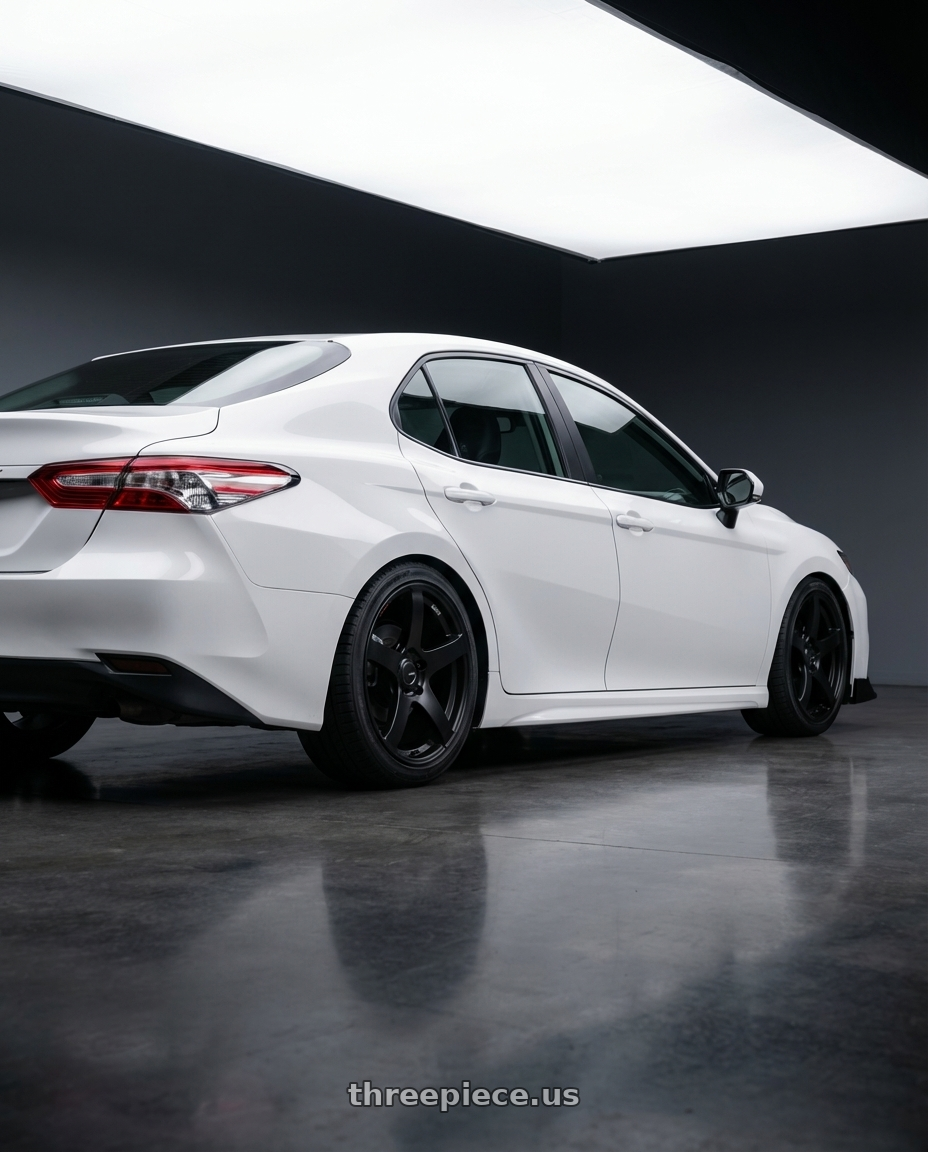 2026 Toyota Camry  with Ssr Gtv01 5x114.3 18x9+35  FLAT BLACK wheels rear three quarter view square tires