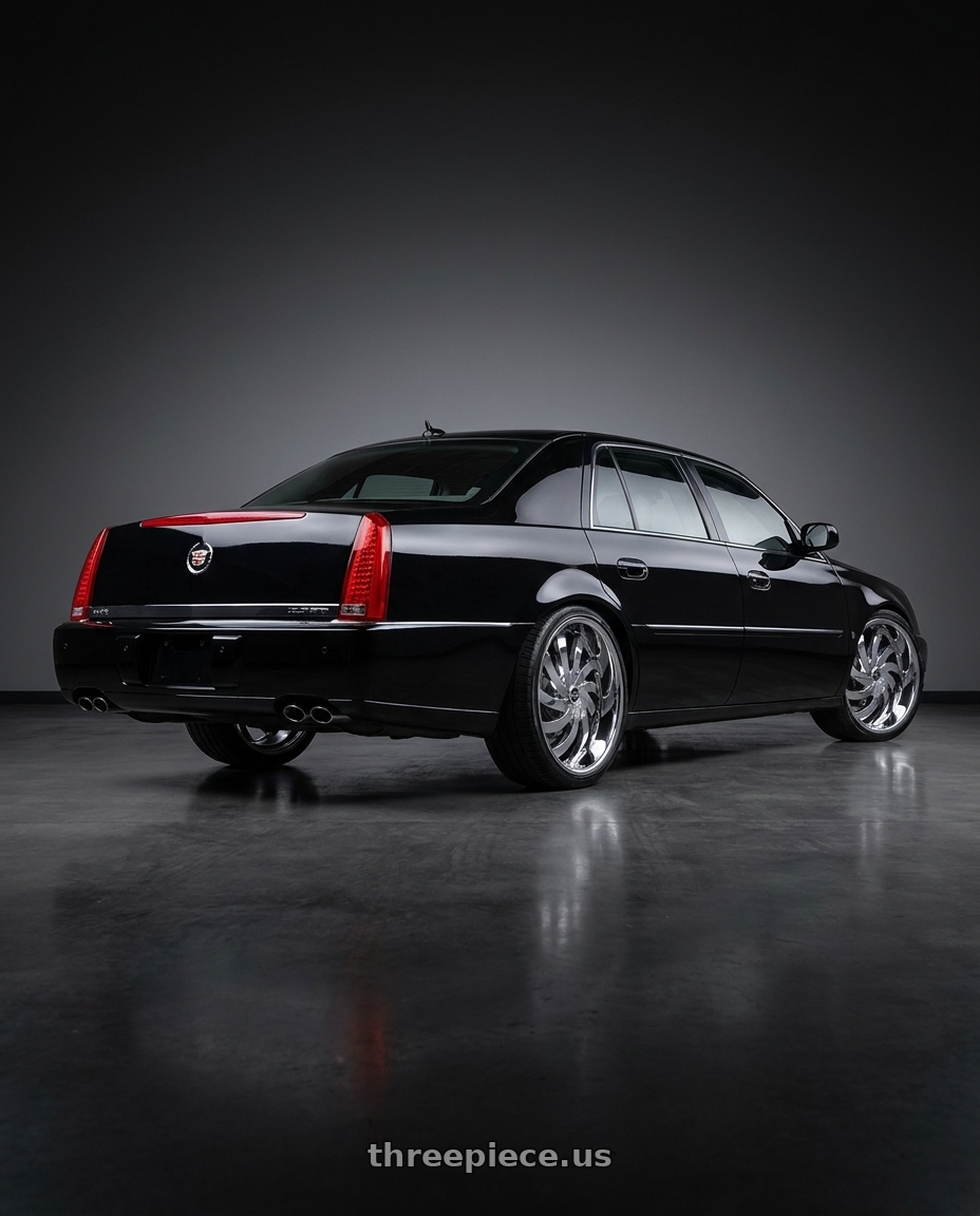 2009 cadillac dts platinum black with Strada FLAME 5x114.3 / 5x120 20x8.5 35MM Chrome wheels rear three quarter view slight stretch tires