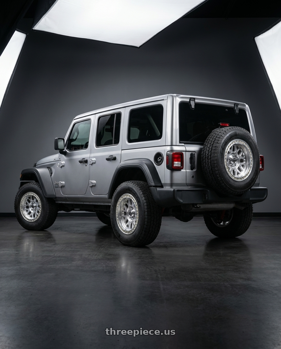 2021 Jeep Wrangler Sport with KMC KM235 GRENADE CRAWL BEADLOCK 5X127 17X8.5 +0 MACHINED wheels rear three quarter view square tires