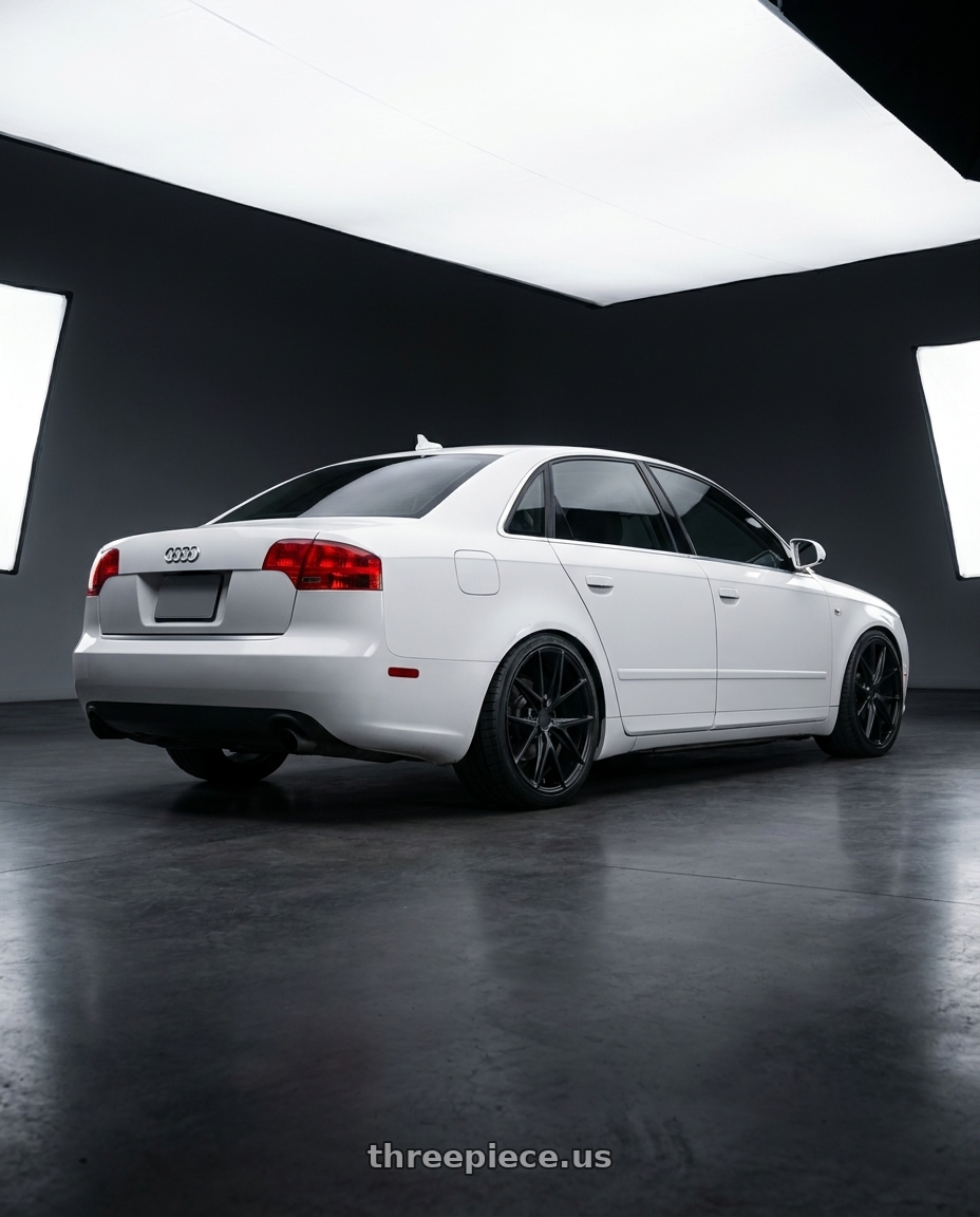 2010 Audi A4 B7 with Niche 1PC M117 MISANO 5X112 18X8 +30 MATTE BLACK wheels rear three quarter view square tires