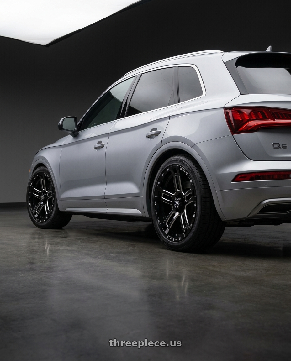 2017 Q5 20T with Enkei Commander 6x135 18x8.5+25 Black Machined wheels rear three quarter view square tires
