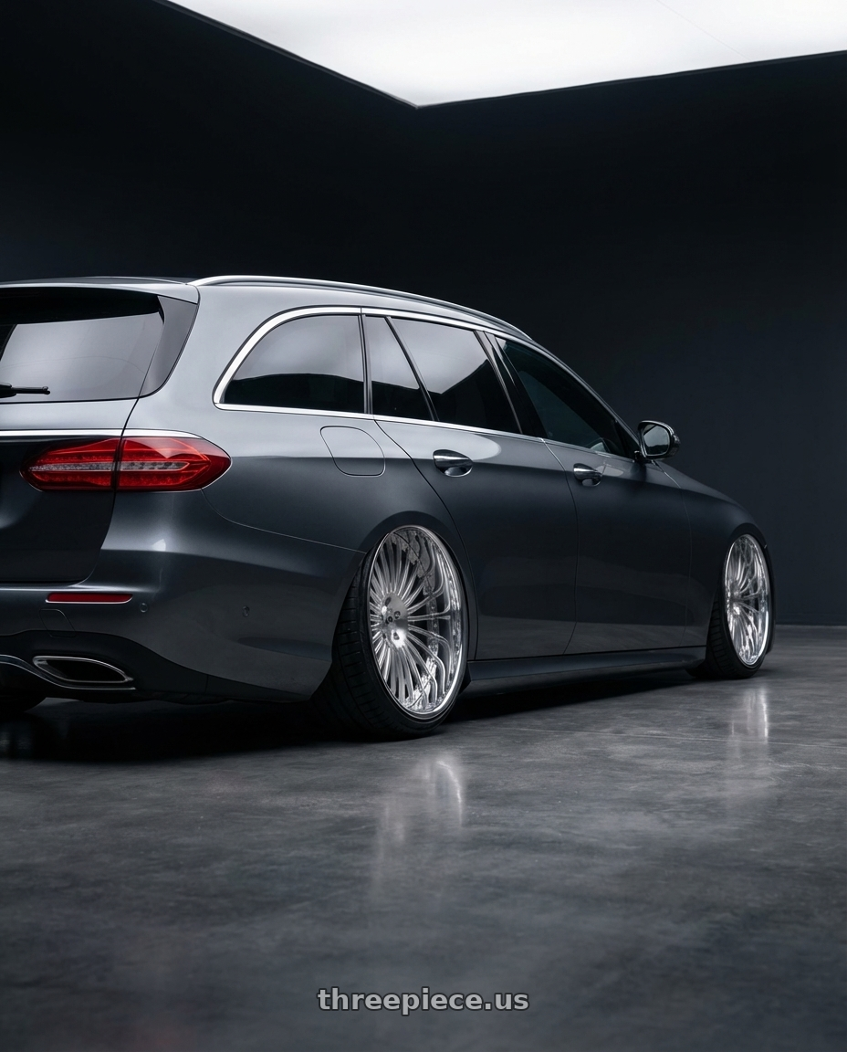 mercedes e300de 2020 with Amani R.E.A.L. 5x112/5x120 22x9 +32 Brush Center Chrome Lip wheels rear three quarter view extreme stretch tires