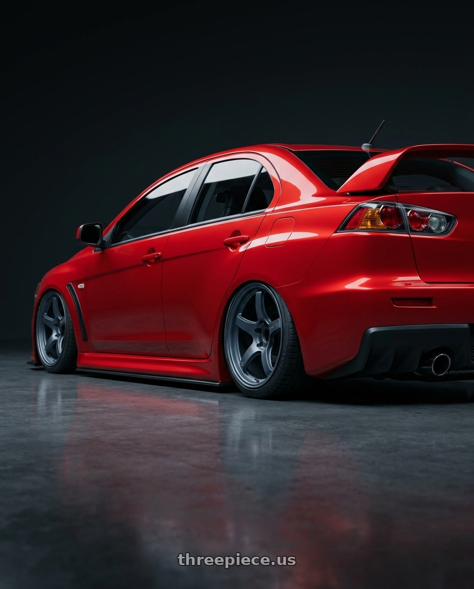 2012 Mitsubishi Lancer Evo X with Gram Lights 57CR 5x114.3 18x9.5+12 Gunblue II wheels rear three quarter view slight stretch tires