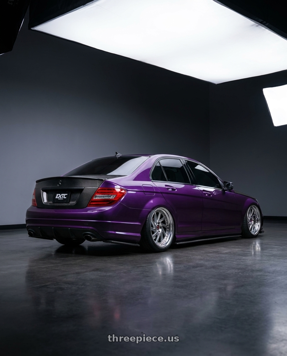 2010 c300 mercedes benz purple  with Work Vs-Xv 5x112 18x8.5+47 A Disk Brilliant Silver Black wheels rear three quarter view square tires
