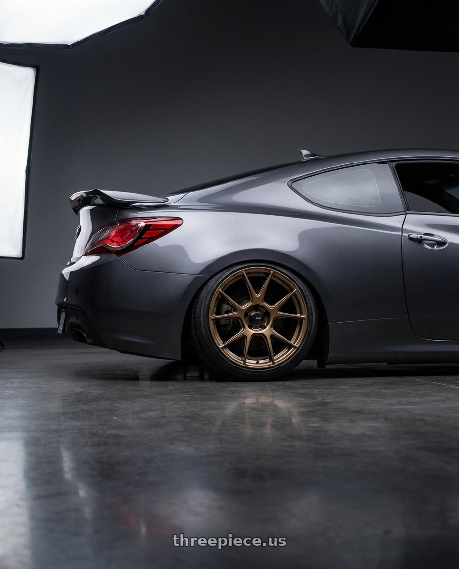 2014 Hyundai Genesis Coupe with Konig Ampliform 5x114.3 19x10.5+23 Gloss Bronze wheels rear three quarter view slight stretch tires