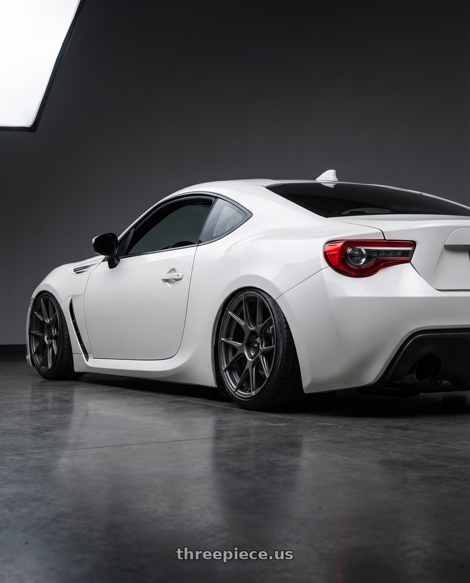 2016 Scion FR-S with Konig Ampliform 5x100 18x8.5+44 Dark Metallic Graphite wheels rear three quarter view slight stretch tires