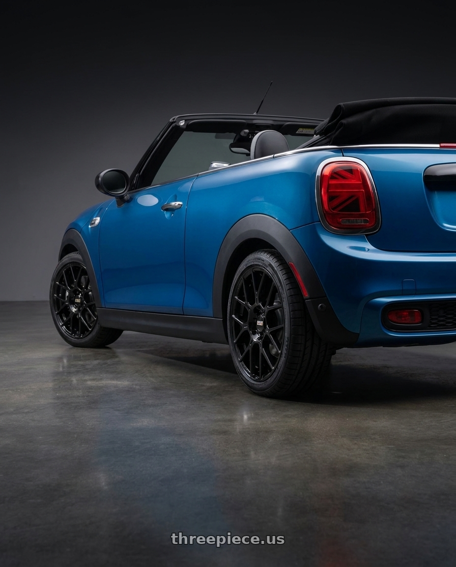 2026 Mini Cooper S Convertible with BBS XR 5x112 18x8.0+37 Gloss Black wheels rear three quarter view square tires