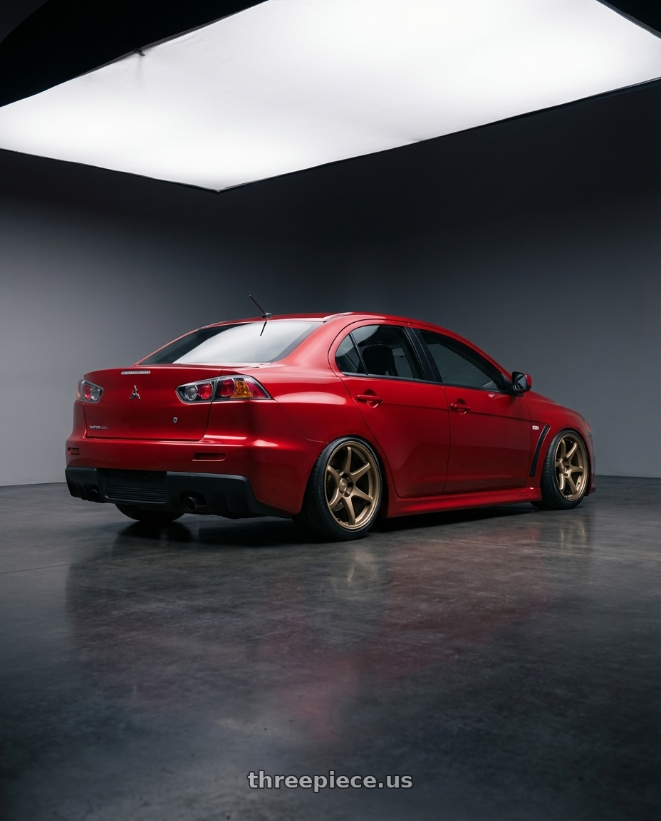 2012 Mitsubishi Lancer Evo X with Kansei K11B Tandem 5x114.3 18x9.5 22 Bronze wheels rear three quarter view slight stretch tires