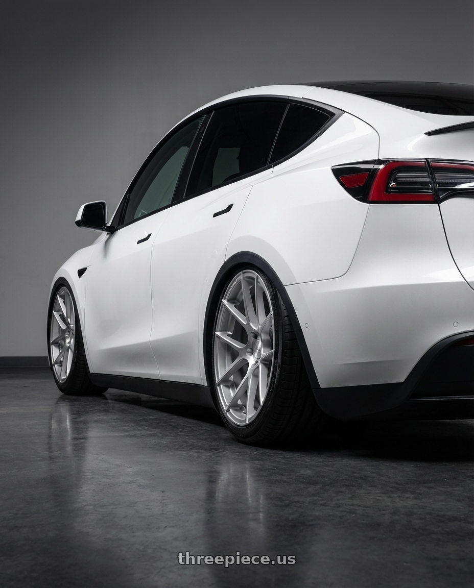 2024 Tesla Model Y with Avant Garde Wheels M510 5X114.3 20x8.5 +20 Satin Silver wheels rear three quarter view slight stretch tires