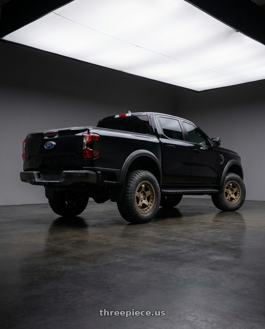 2023 Ford Ranger with Black Rhino BANTAM 6X139.7 18X9 +12 MATTE BRONZE wheels rear three quarter view meaty tires