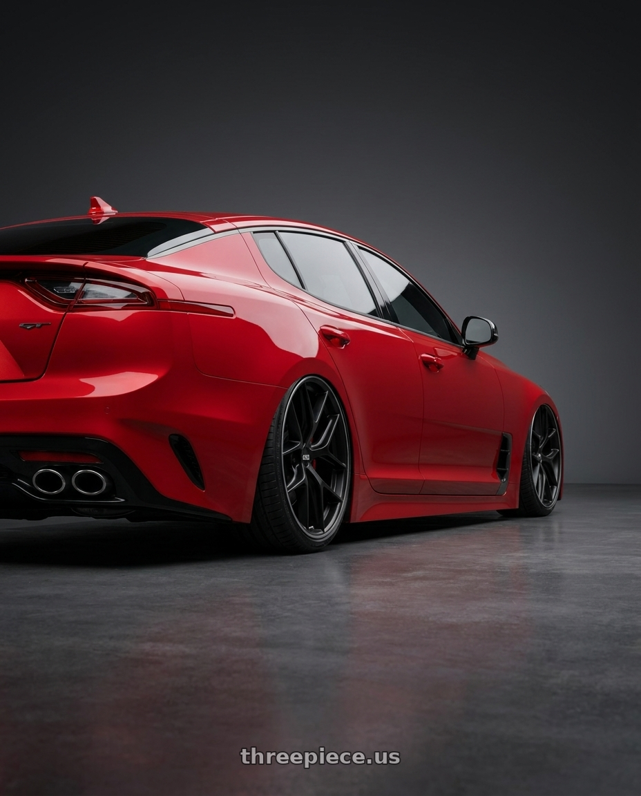 2022 Kia Stinger GT with BBS CC-R 5x114.3 19x8.5+30 Satin Black wheels rear three quarter view slight stretch tires