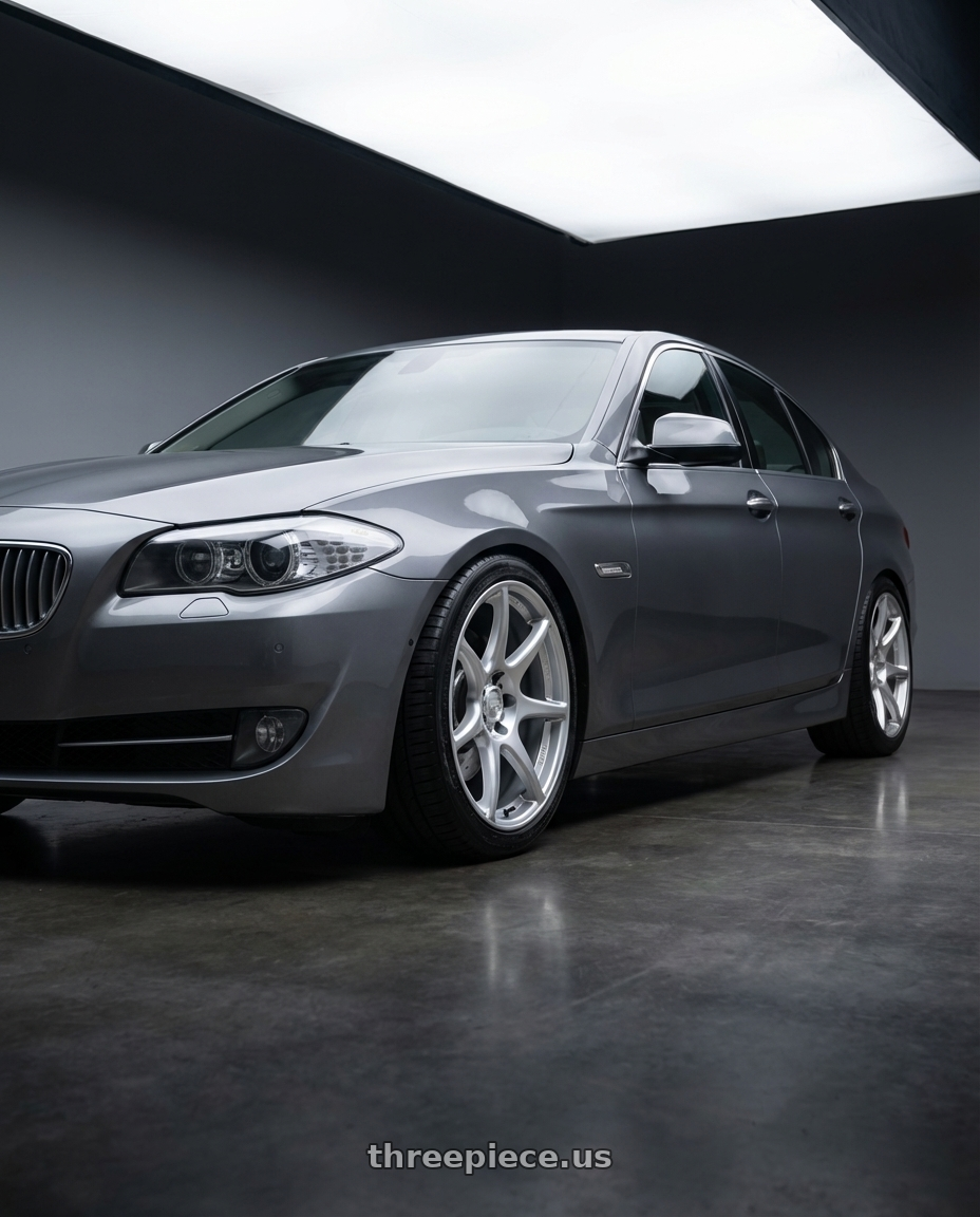 2016 BMW 5 Series F10 with Kansei K11S Tandem 5X120 19x10.5 22 Hyper Silver wheels front three quarter view lowered stance