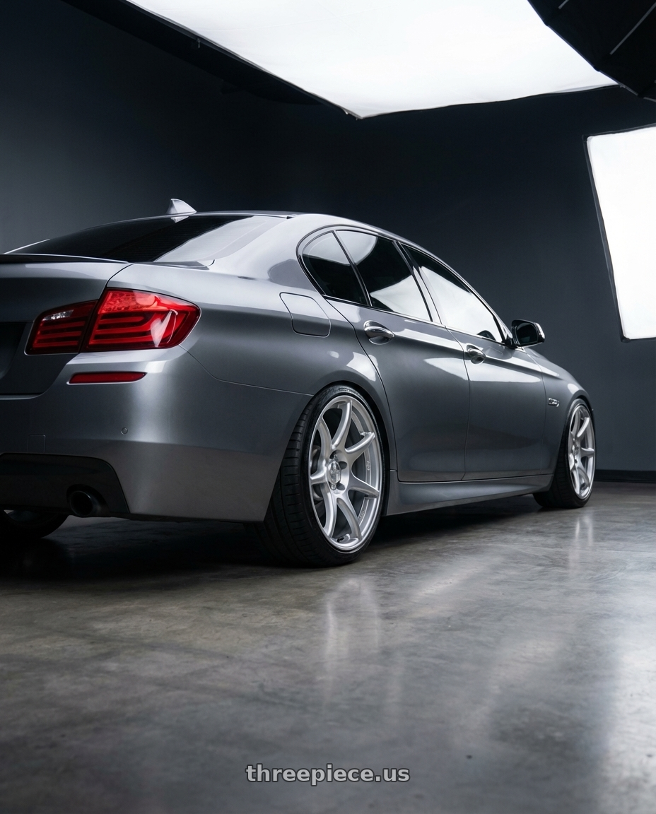 2016 BMW 5 Series F10 with Kansei K11S Tandem 5X120 19x10.5 22 Hyper Silver wheels rear three quarter view square tires