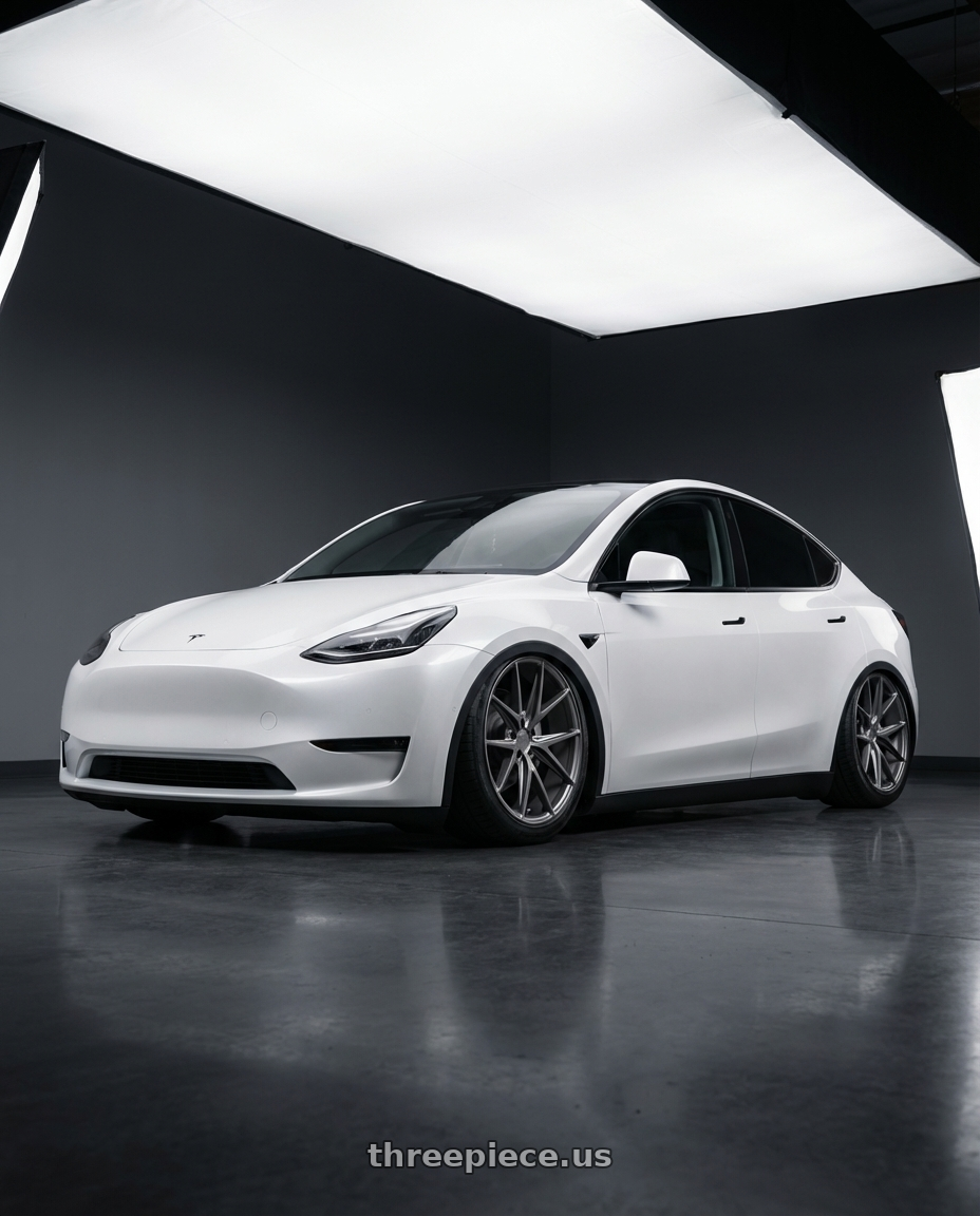 2024 Tesla Model Y with Niche 1PC M116 MISANO 5X114.3 20X10 +40 MATTE GUN METAL wheels front three quarter view stanced stance