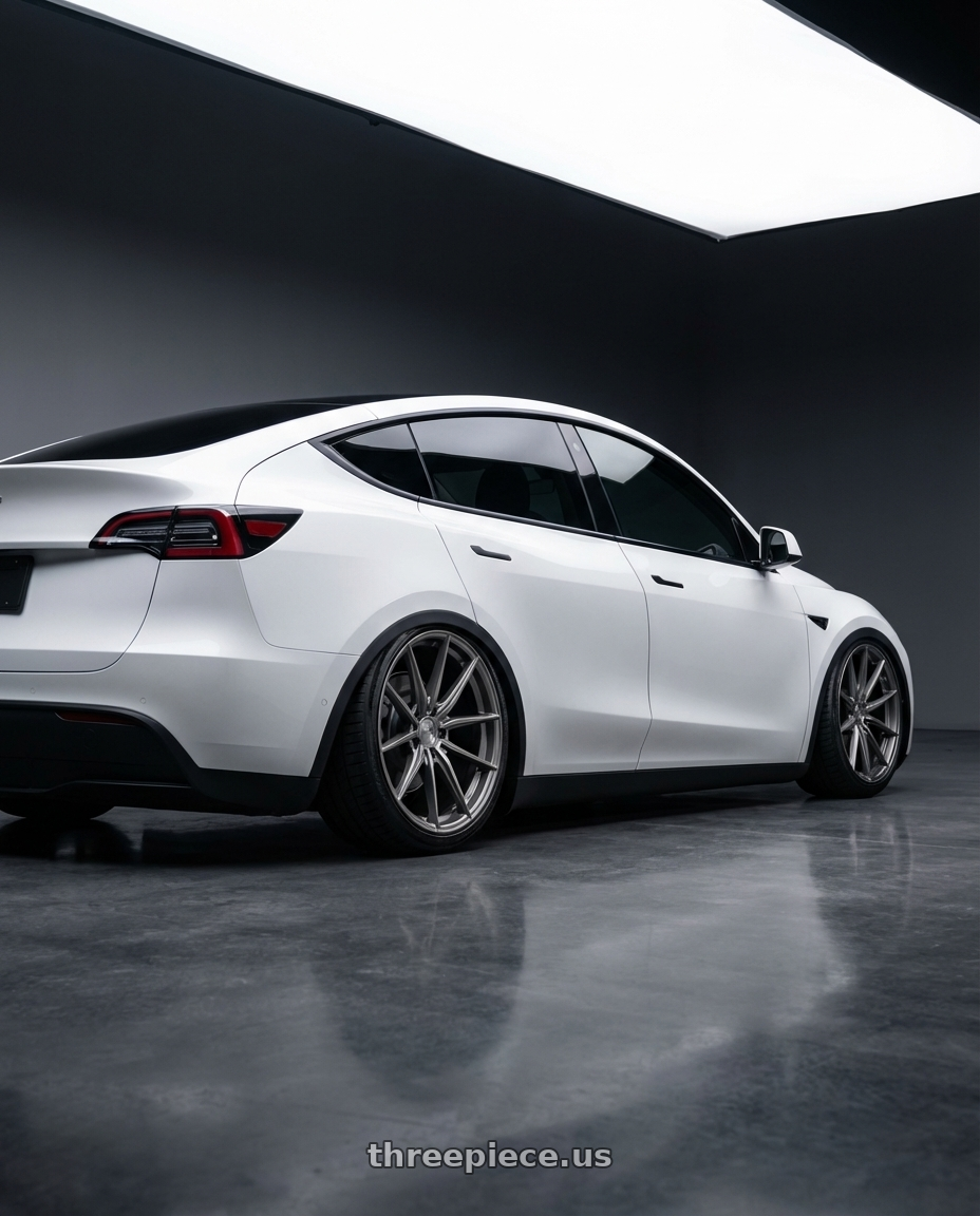 2024 Tesla Model Y with Niche 1PC M116 MISANO 5X114.3 20X10 +40 MATTE GUN METAL wheels rear three quarter view slight stretch tires
