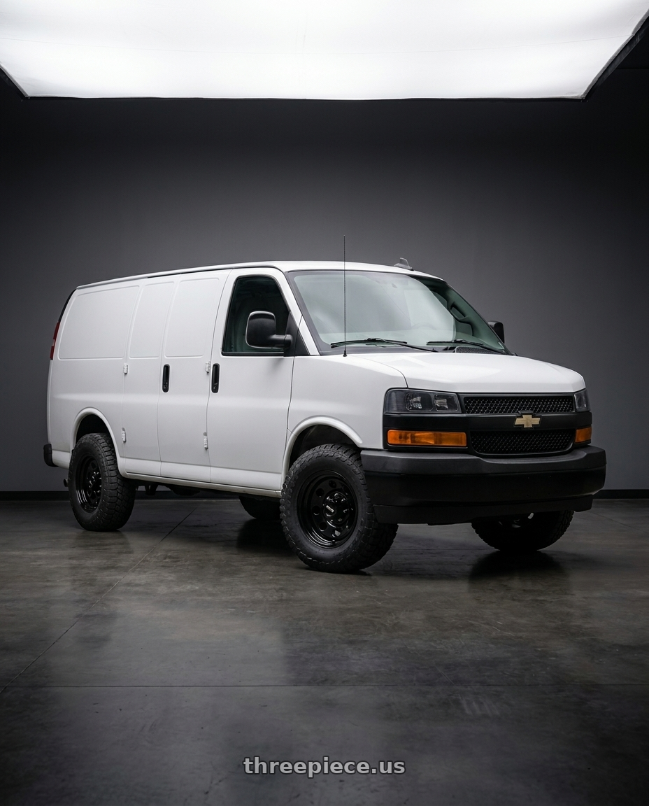 2018 Chevy Express van white with Vision HD 85H 8x165.1 16x7+0 Gloss Black wheels
