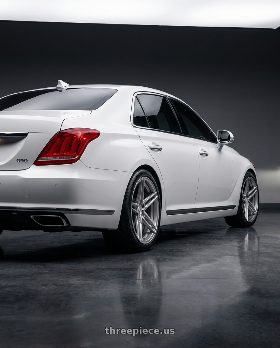 2018 genesis g90 ultimate with Rohana RFX15 5x114.3 20x10+40 Brushed Titanium wheels rear three quarter view square tires