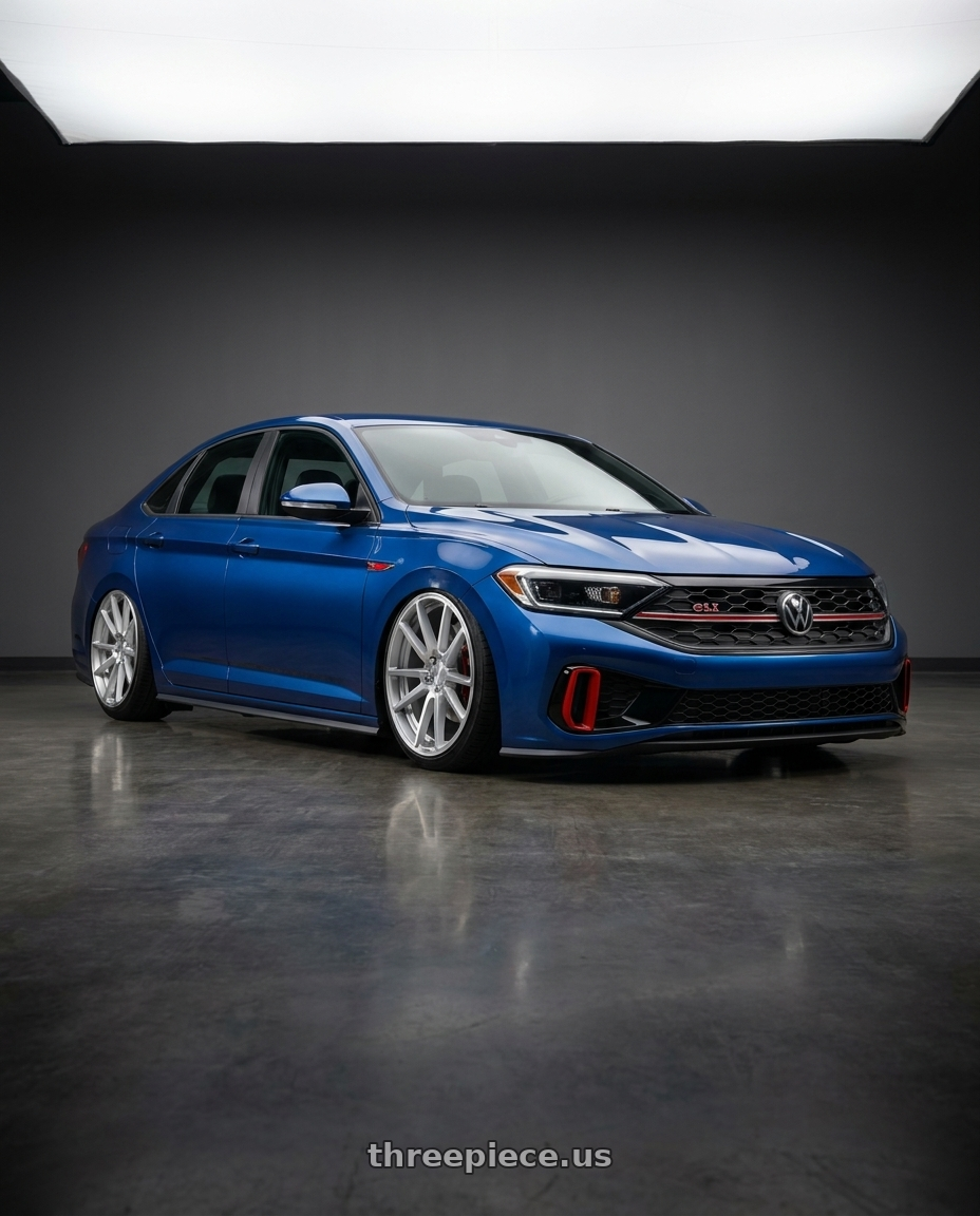 2024 Volkswagen jetta gli blue with Rotiform 1PC R120 SPF 5X112 19X8.5 +45 GLOSS SILVER MACHINED wheels