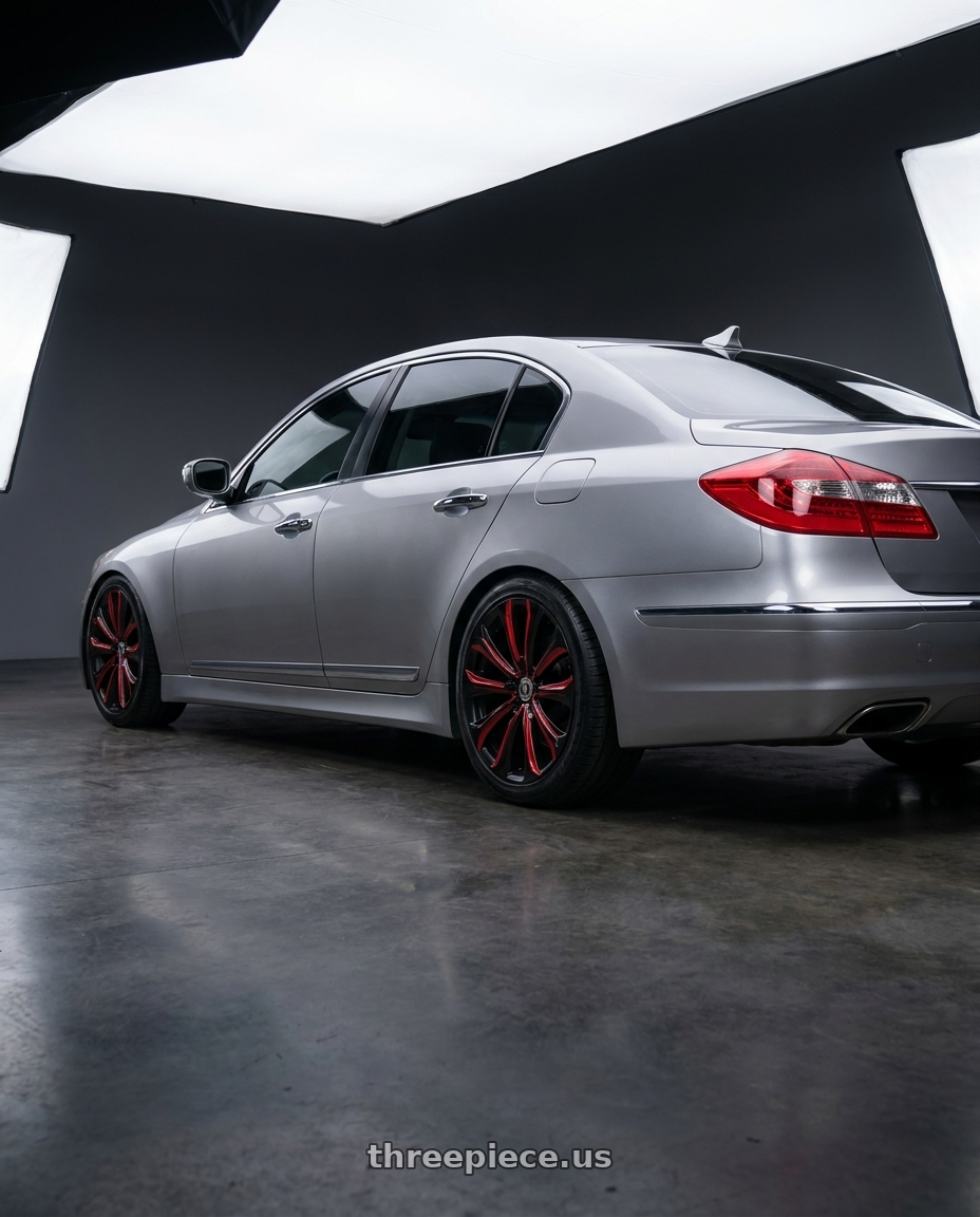 2013 Hyundai Genesis r spec with BORGHINI 32 5x114.3 22x8.5 +38 Black Red Milling wheels rear three quarter view square tires