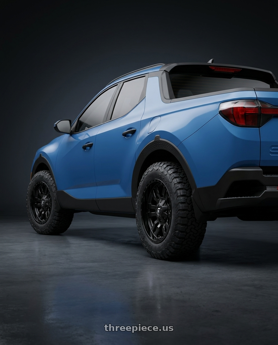 2026 Hyundai Santa Cruz SEL Activity with Fuel 1PC D596 SLEDGE 5X114.3/5X120 18X8 +35 MATTE BLACK GLOSS BLACK LIP wheels rear three quarter view meaty tires