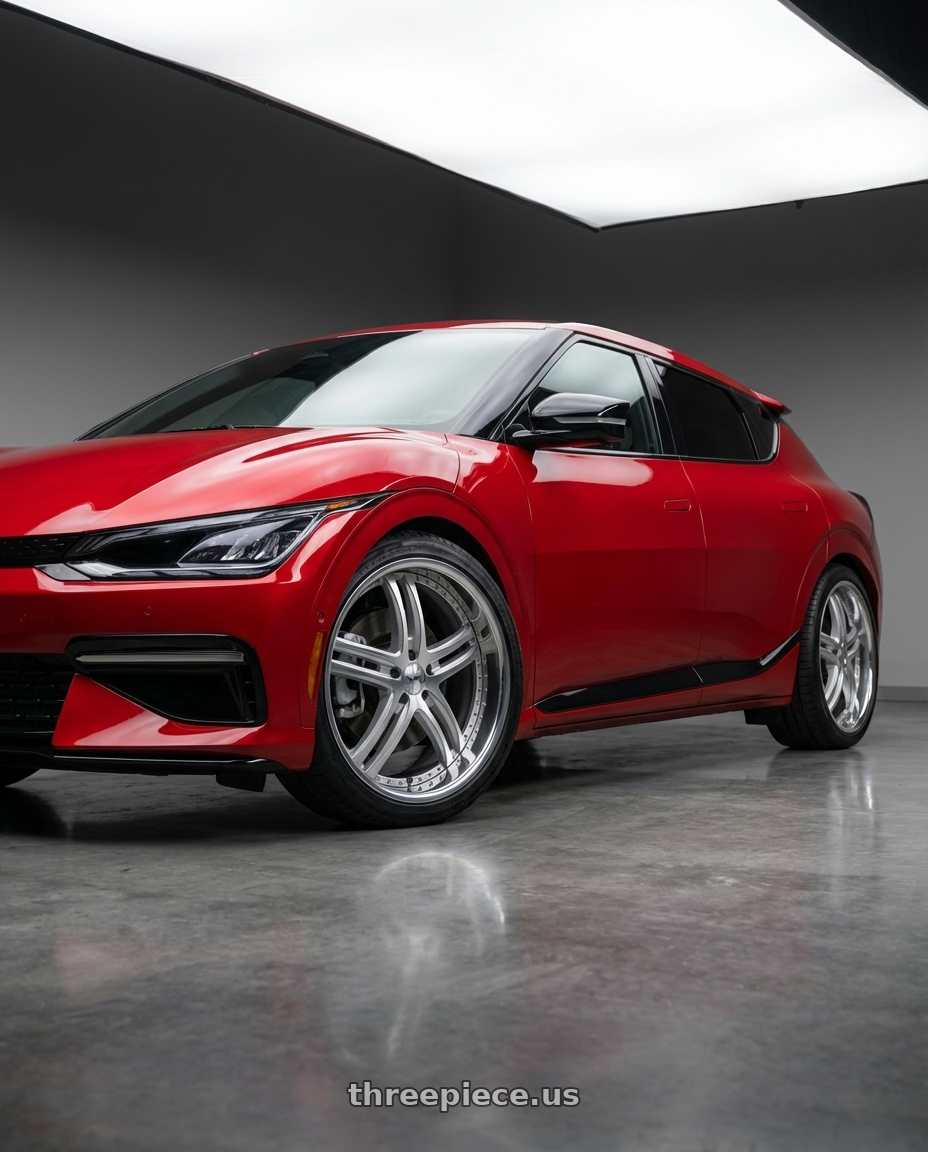 2024 kia ev6 with XIX Wheels XIX 15 5x114.3 20x8.5 +40 Silver Machined with Stainless Steel Lip wheels front three quarter view stock stance