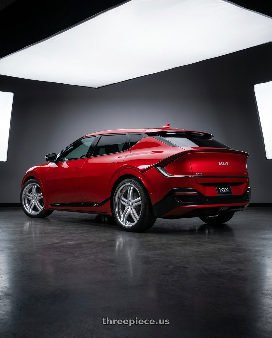 2024 kia ev6 with XIX Wheels XIX 15 5x114.3 20x8.5 +40 Silver Machined with Stainless Steel Lip wheels rear three quarter view square tires