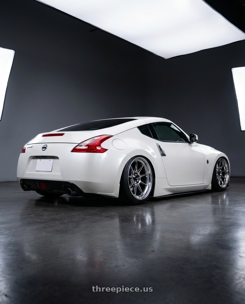 2019 Nissan 370Z with Konig Countergram 5x114.3 19x10+25 Hyper Chrome / Machined Lip wheels rear three quarter view slight stretch tires