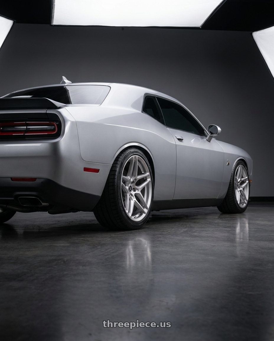 2023 dodge challenger scat pack with HERITAGE WHEEL EBISU MONOC 5x115 20x9 +25 SILVER wheels rear three quarter view square tires