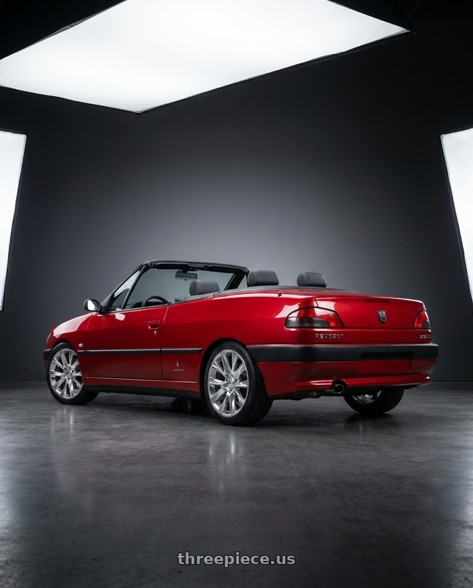 1997 Peugeot 306 Cabriolet (N3) Square fog lights , Diablo Red with OE Wheels CV26 6x139.7 20x9+28 Polished wheels rear three quarter view square tires