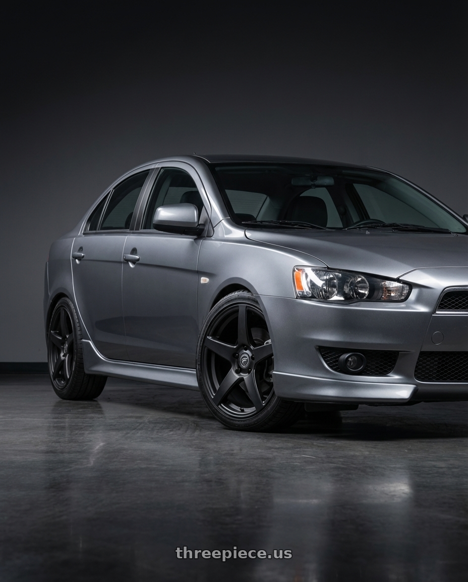 2014 Mitsubishi Lancer Ralliart with Forgestar CF5 5x114.3 18x9 +35 Satin Black wheels front three quarter view lowered stance