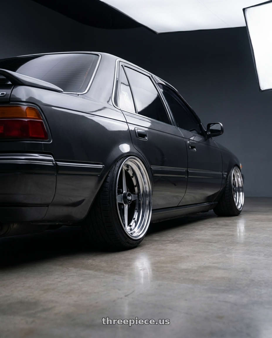 1993 toyota corona 灰色 with Equip 01 Black Polish 4x100 15x12 -18 wheels rear three quarter view extreme stretch tires