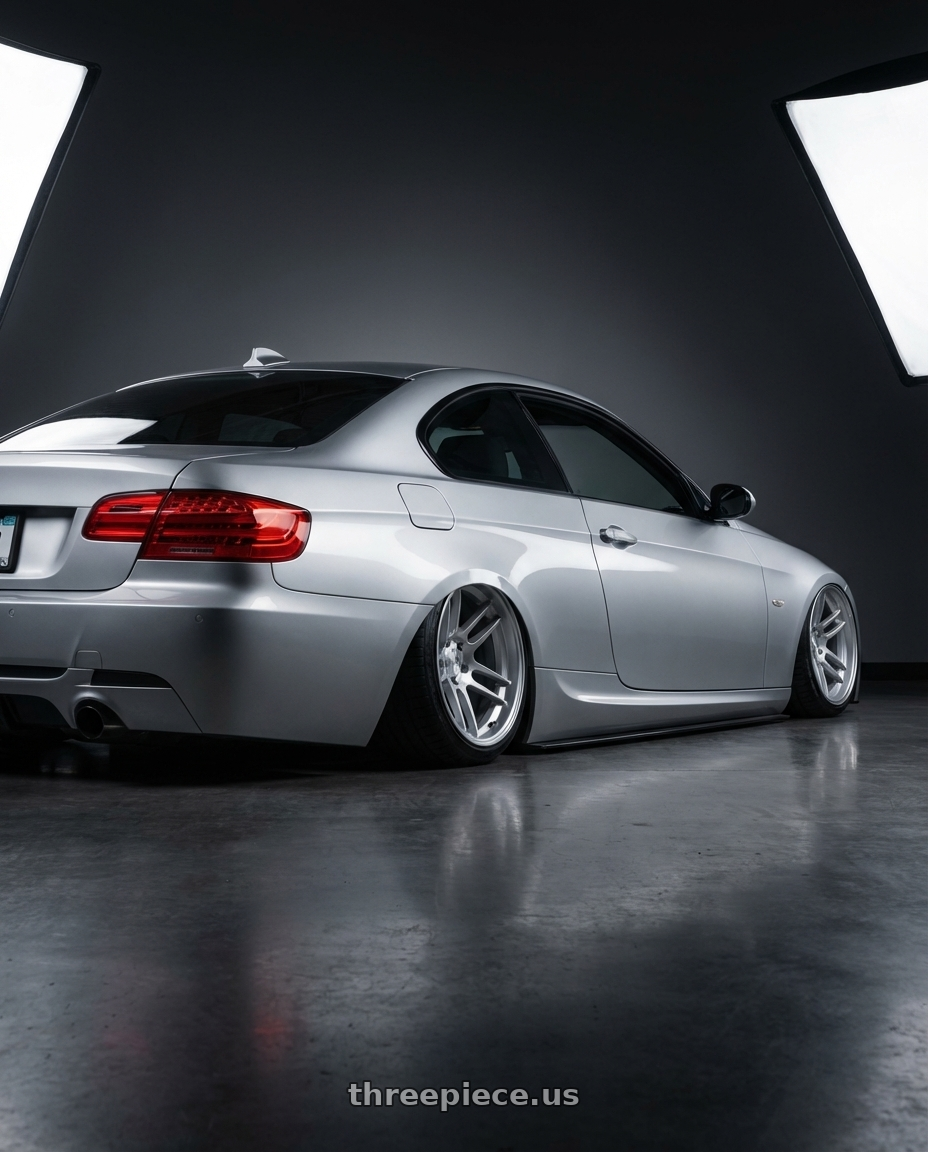 2012 BMW 3 Series E92 with Avant Garde Wheels M510 5X120 19x8.5 +15 Satin Silver wheels rear three quarter view slight stretch tires