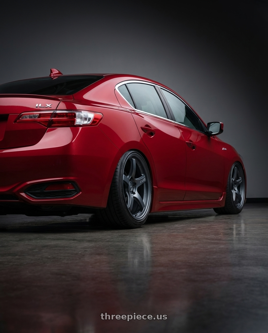 2012 Acura ILX with Gram Lights 57CR 5x114.3 18x8.5+37 Gunblue II wheels rear three quarter view slight stretch tires