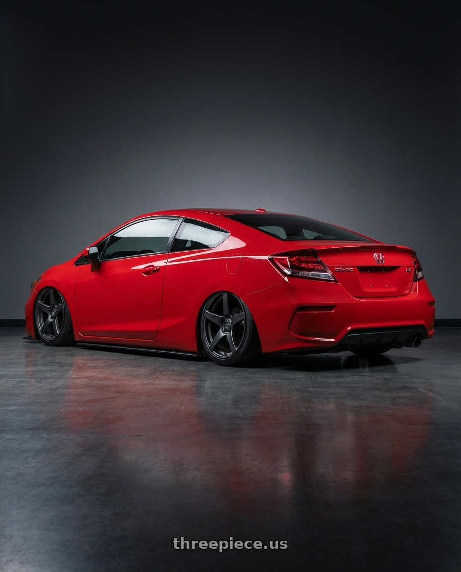 2011 Honda Civic Si with Forgestar CF5 5x114.3 18x9 +35 Satin Black wheels rear three quarter view slight stretch tires