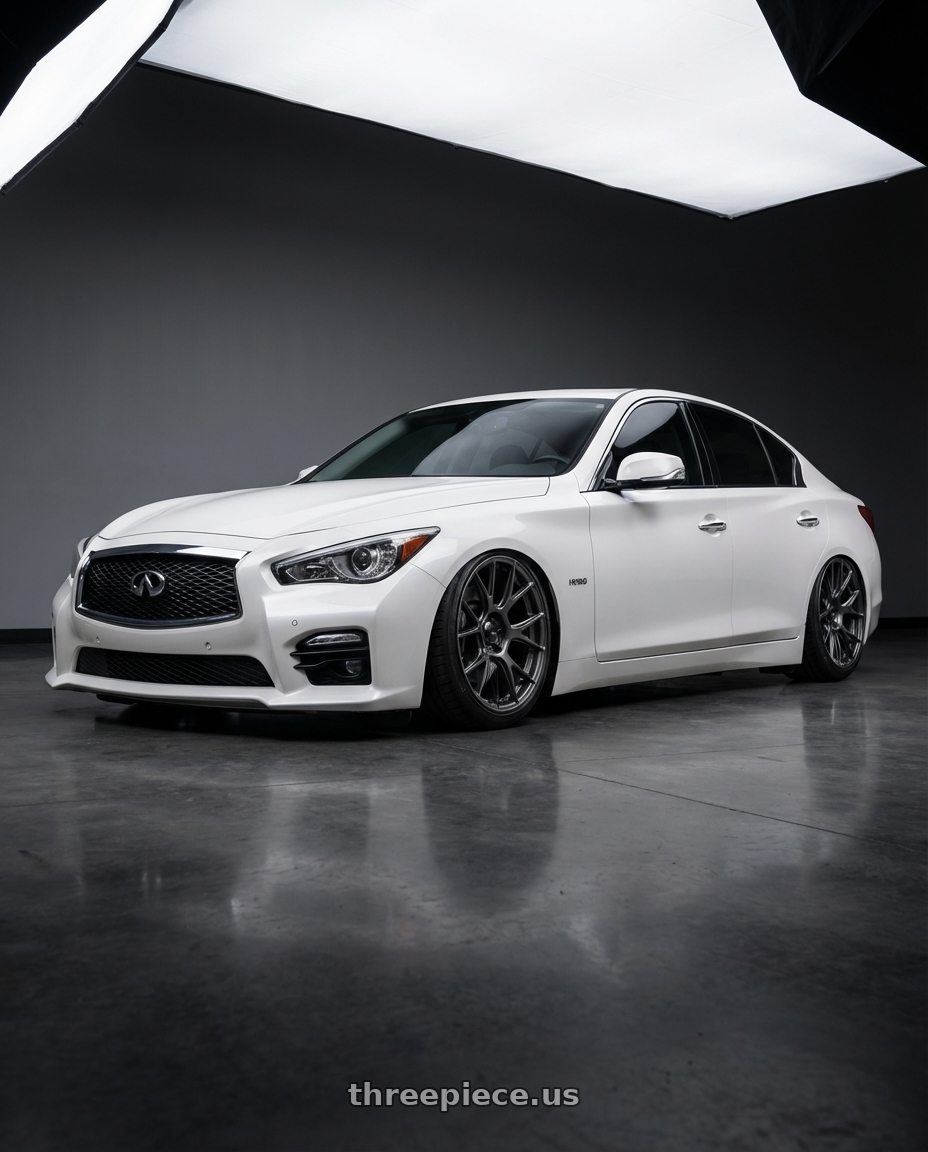 2020 Infiniti Q50 with Konig Ampliform 5x114.3 20x9.5+25 Dark Metallic Graphite wheels front three quarter view stanced stance