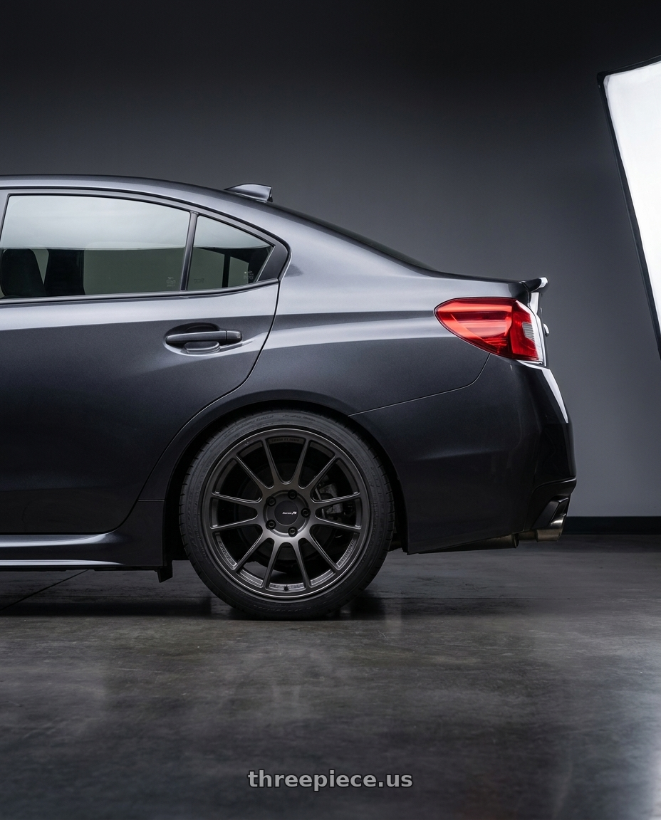 2021 Subaru WRX with Enkei GTC01RR 5x114.3 18x9.5+35 Matte Gunmetallic wheels rear three quarter view square tires