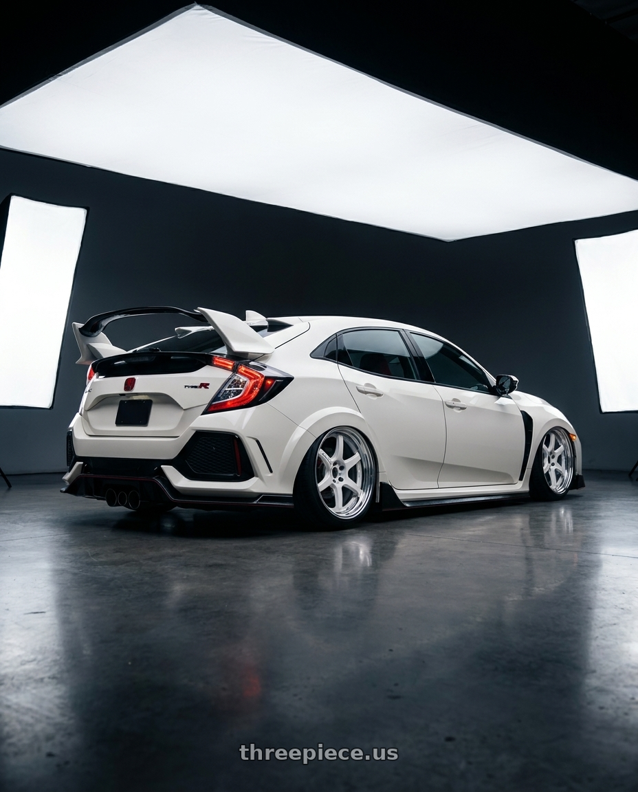2017 Civic type r with Work T7r 2P 5x108 18x10.0 +38 WHITE wheels rear three quarter view slight stretch tires