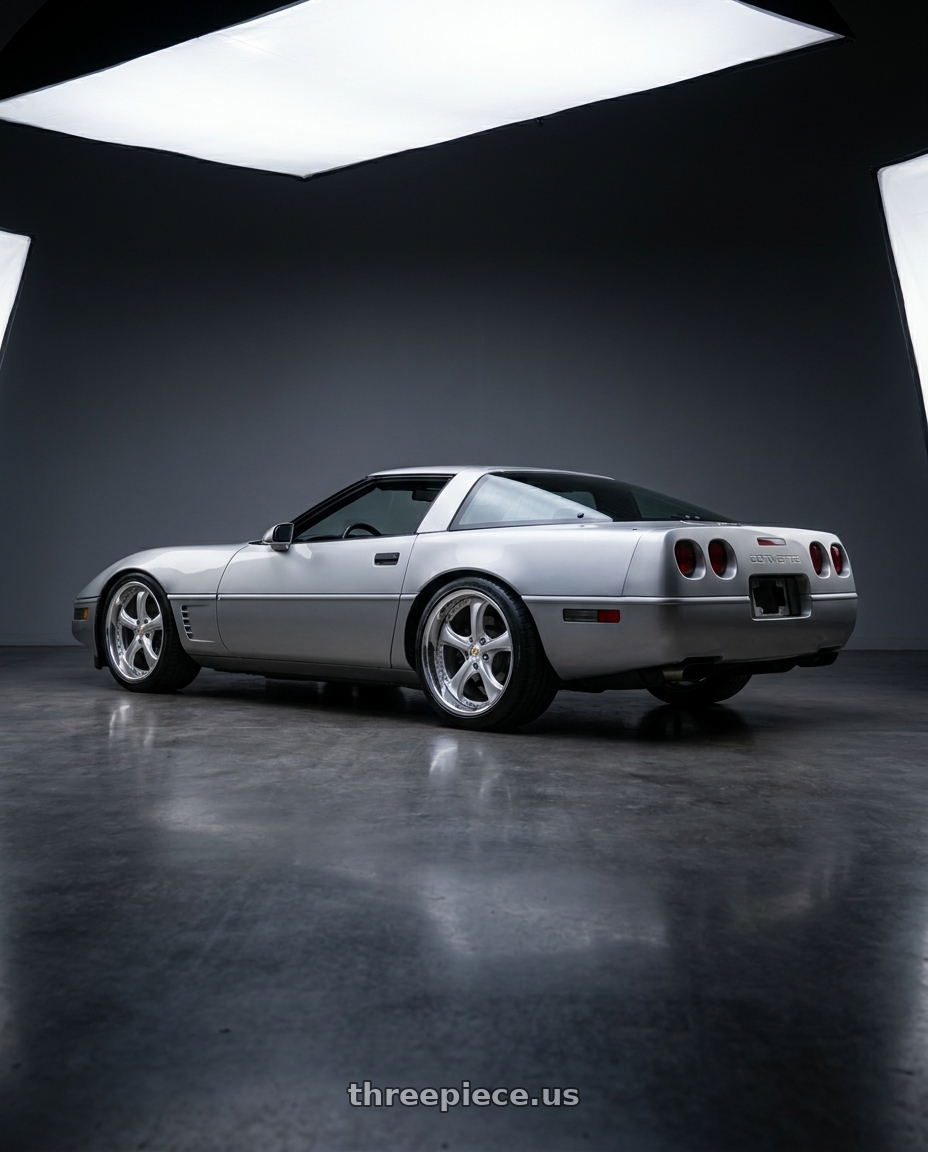 1996 Chevrolet corvette with Work Wheels VS-KF 5x120.65 19x13+15 Light Grey Silver A Disk FULL REVERSE wheels rear three quarter view slight stretch tires