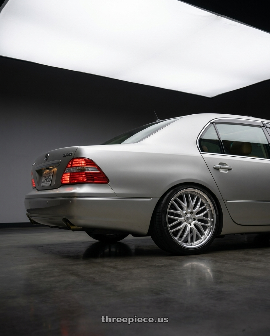 2001 Lexus LS430 with V�xx Masi 5x112 19x8.5+35 Silver Mirror Mach Lip wheels rear three quarter view slight stretch tires