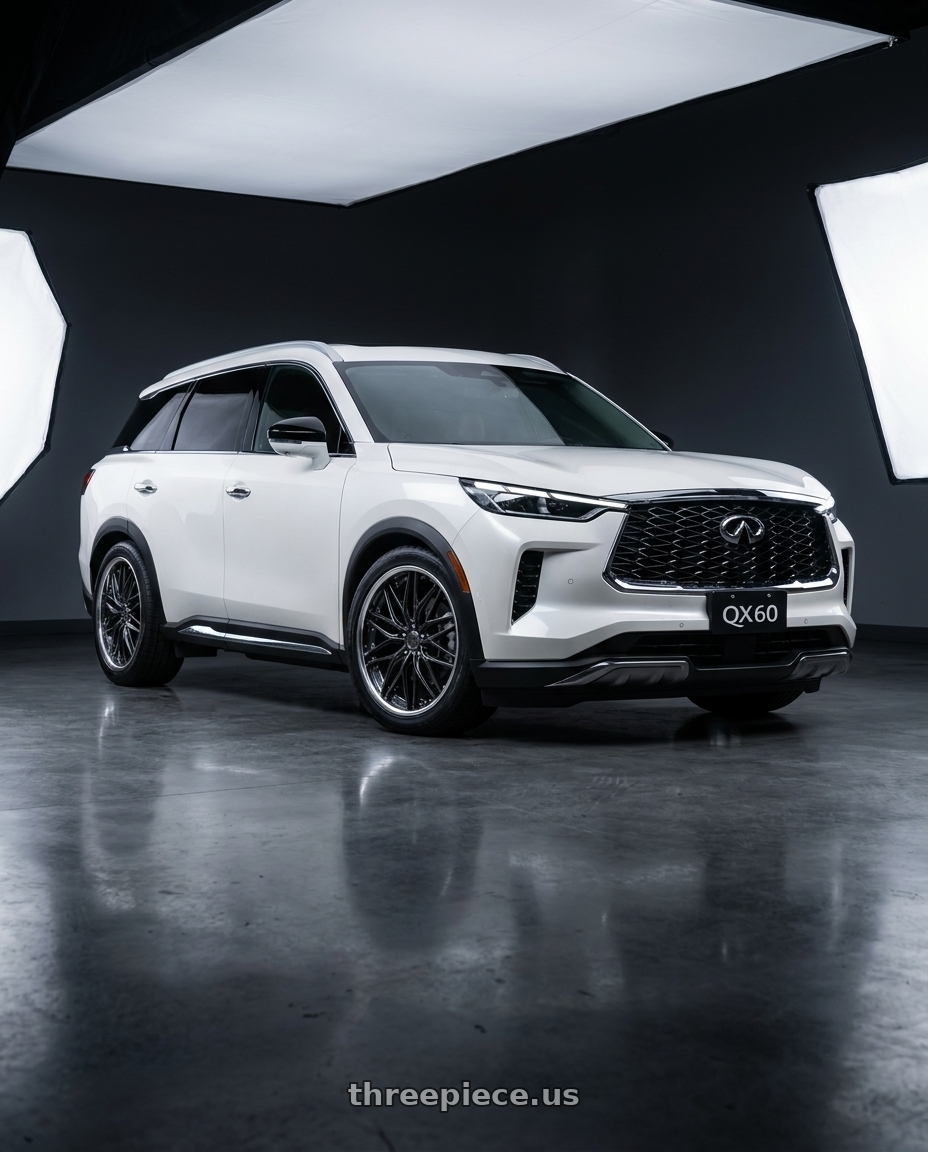 2024 Infiniti QX60S white with Work Schwert Quell 5x114.3 19x9+38 A Disk Brilliant Silver Black wheels