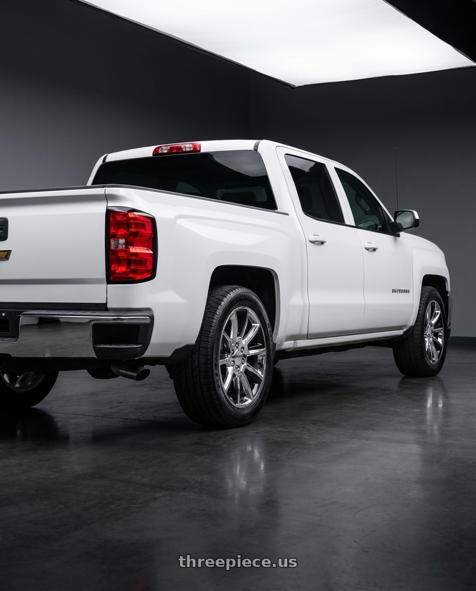 2018 Chevrolet Silverado 1500 with OE Wheels CV73 6x139.7 20x8.5+24 Chrome wheels rear three quarter view square tires