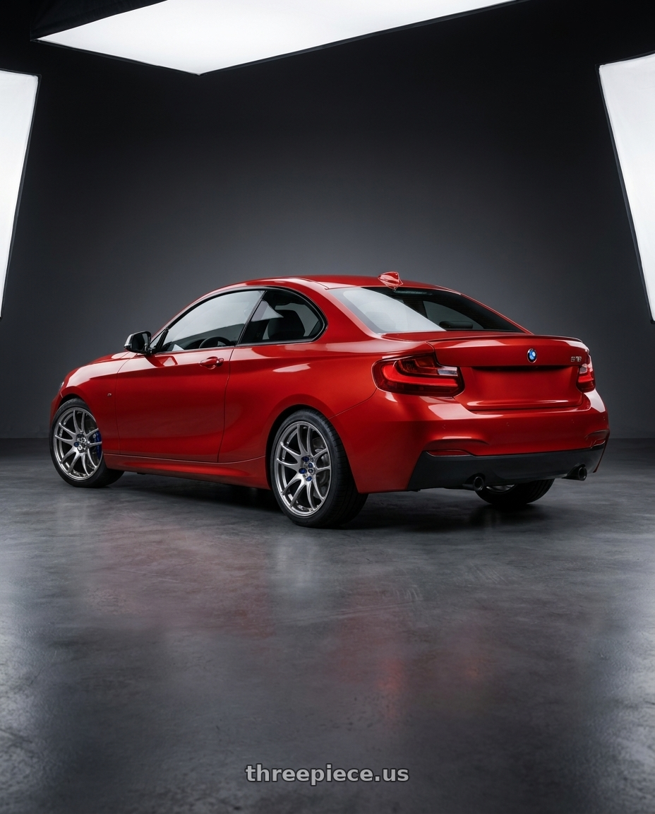2015 BMW 218i with Work Emotion Cr Kiwami 5x100 18x7.5 +38 Gt Silver wheels rear three quarter view square tires