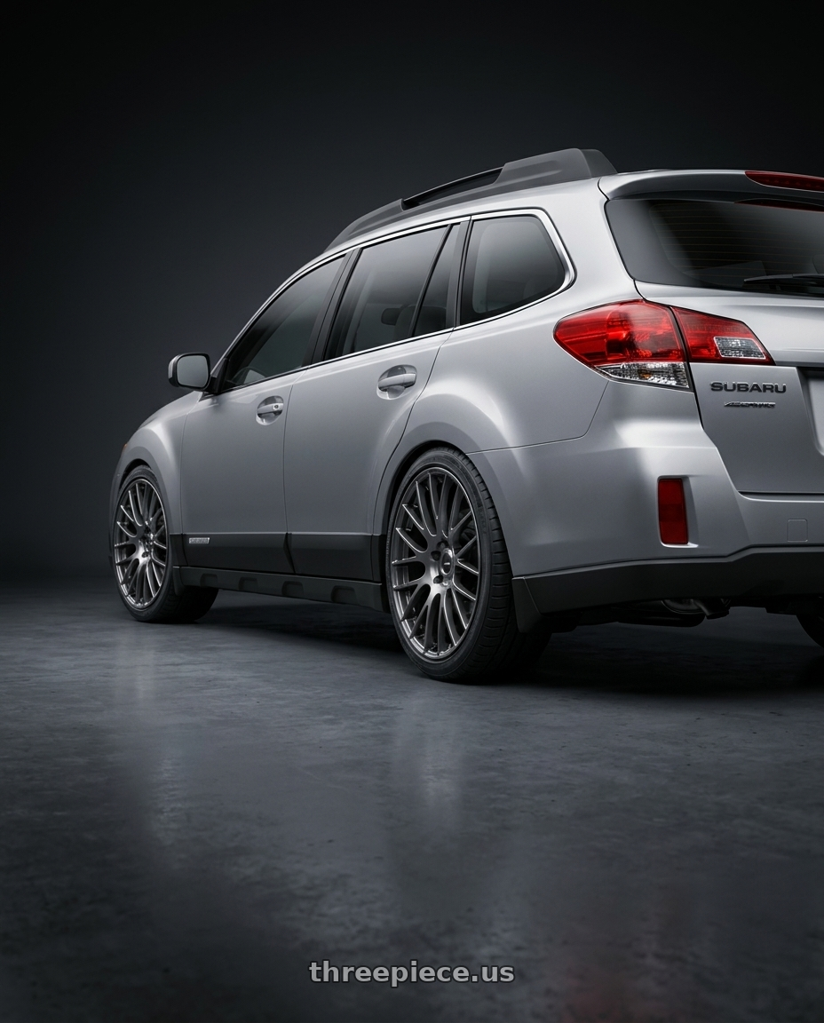 2012 Subaru Outback with Ssr Gtv04 5x100 18×7.5x7.5+40  METALLIC GRAY wheels rear three quarter view square tires