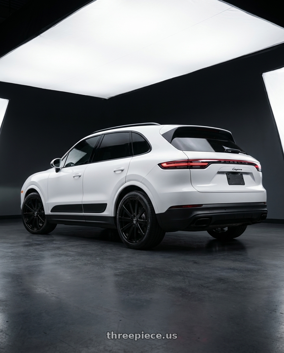 2020 Porsche cayenne with VELOCITY 12 5X114.3 22x8 +38 FULL BLACK wheels rear three quarter view square tires