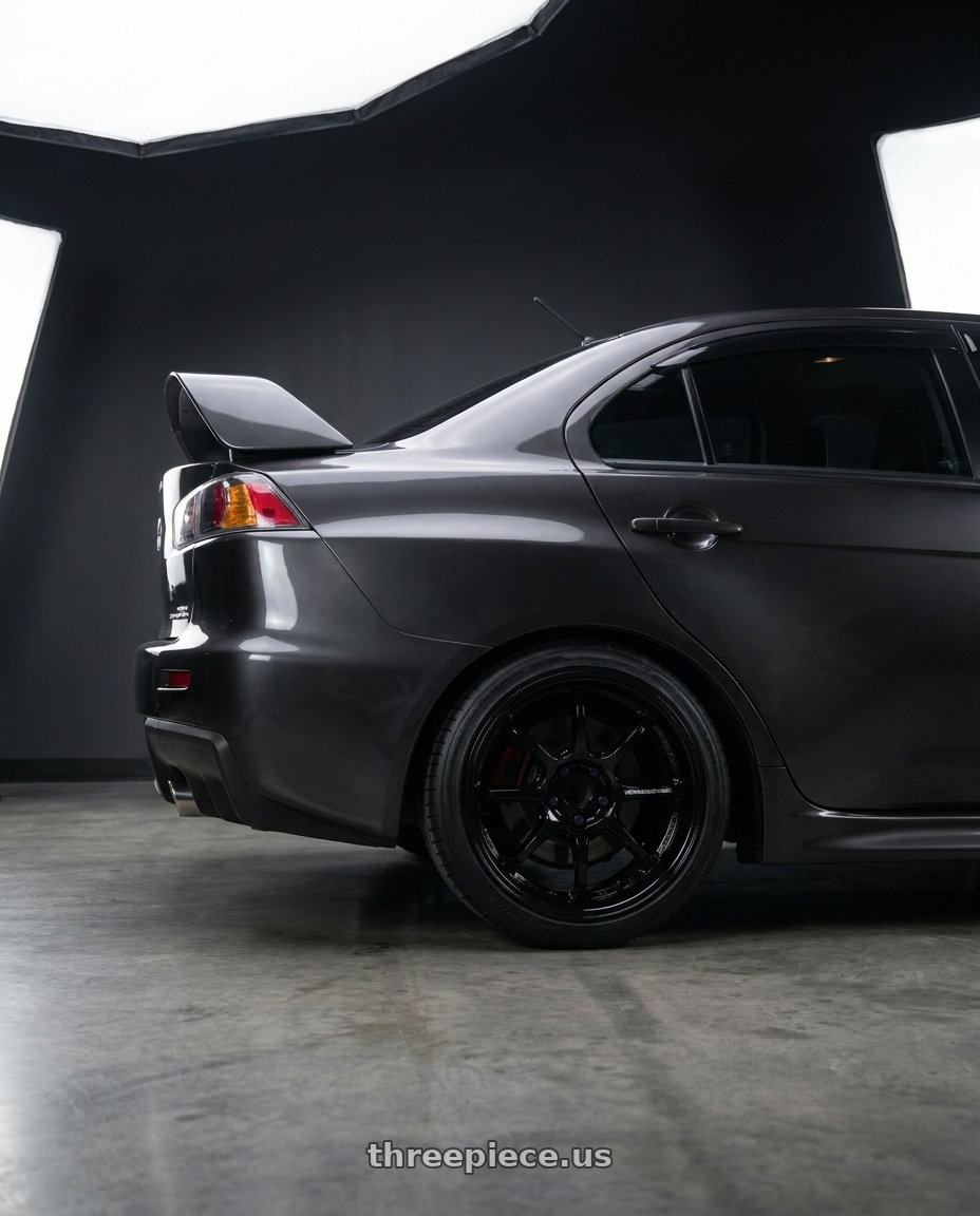 2015 Mitsubishi lancer evolution with Work Emotion D9r 5x114.3 18x9.5 +12 Black wheels rear three quarter view square tires