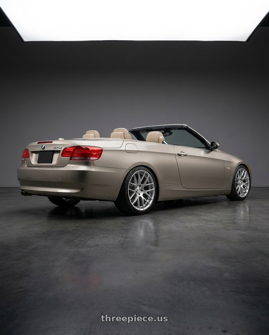 2008 BMW E93 325i Beige with Avant Garde Wheels M359 5X120 18x9.5 +33 Hyper Silver wheels rear three quarter view slight stretch tires