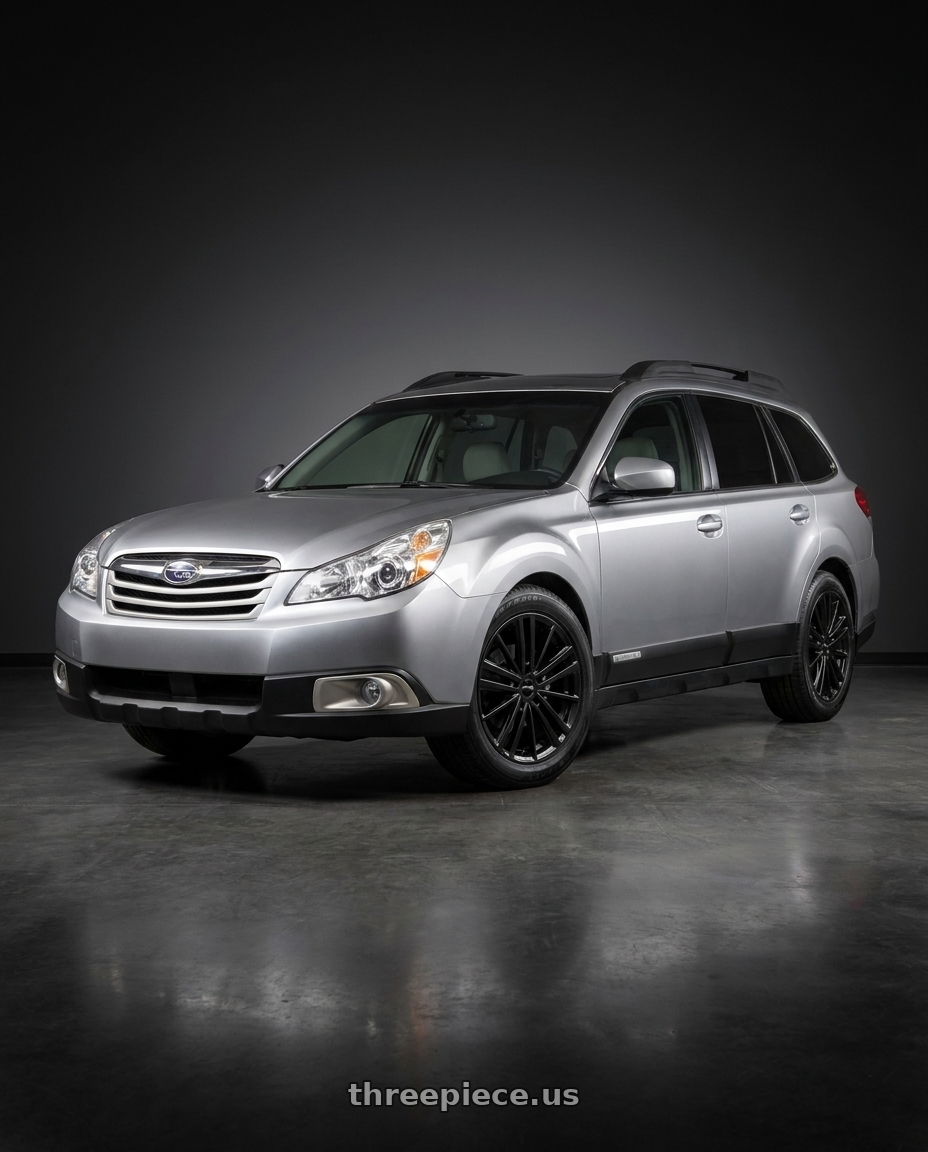 2012 Subaru Outback with RTX Cosmos 5x100 17x7.5 +42 Satin Black wheels front three quarter view lowered stance